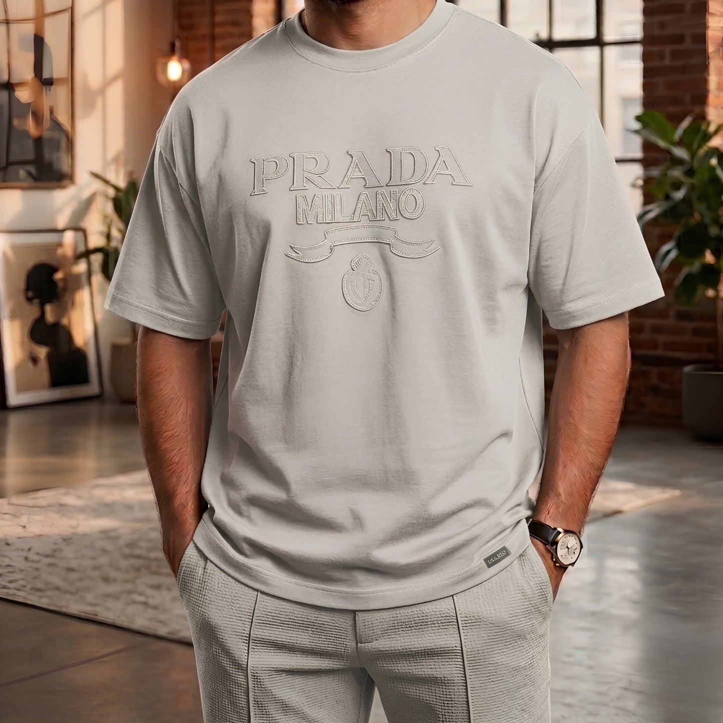 Round Neck PRADA  Drop Shoulder T-Shirt