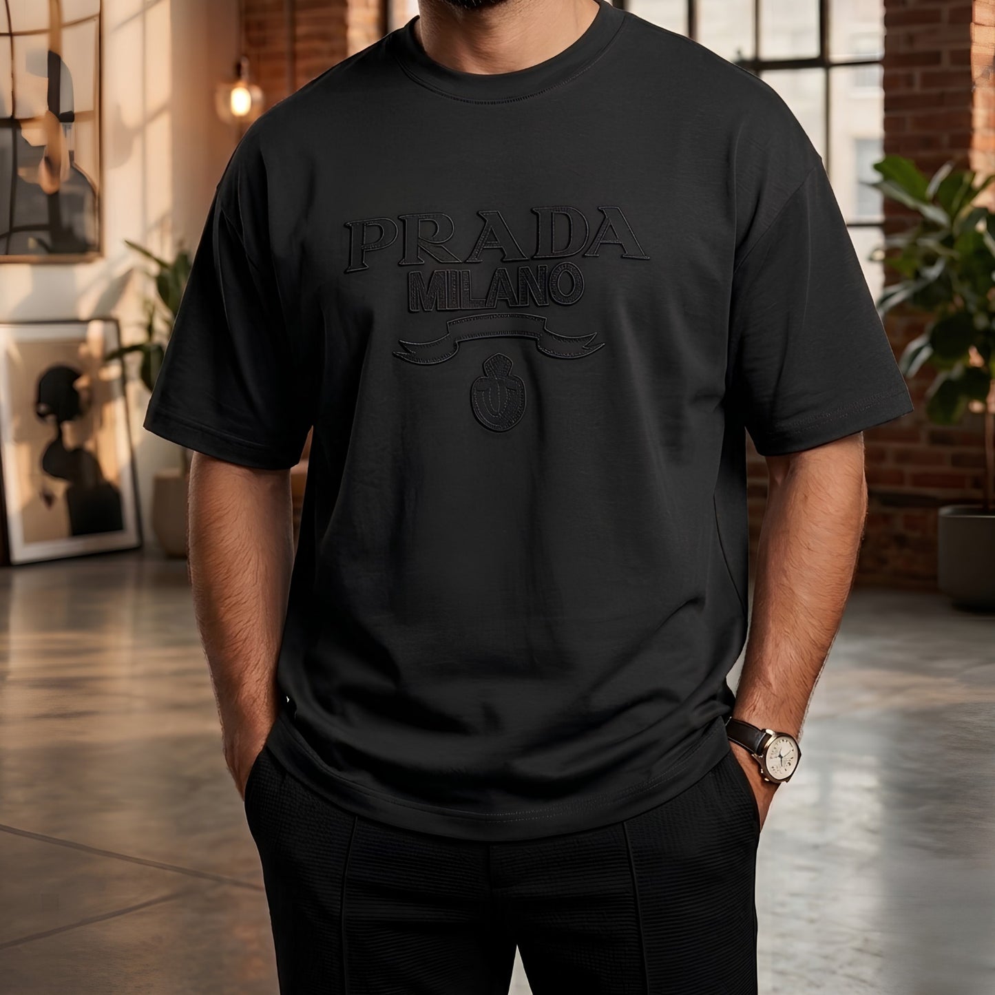 Round Neck PRADA  Drop Shoulder T-Shirt